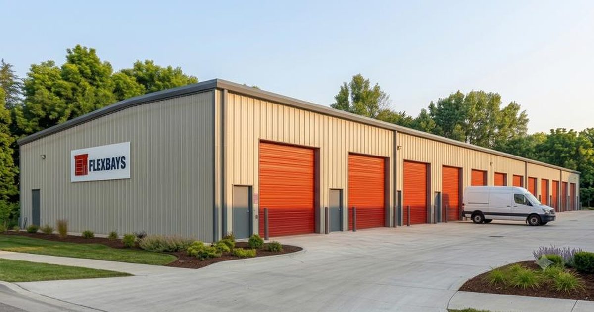 Rendering of the Flexbays industrial building at 300 Stable Drive, Sydney, Nova Scotia, showing the row of 12 by 14 ft drive-in overhead doors
